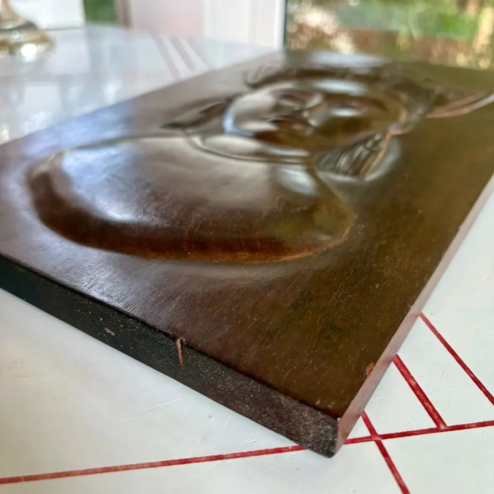 Vintage Haitian Hand Carved Wood Wall Plaque Featuring Zen Buddha Style Woman